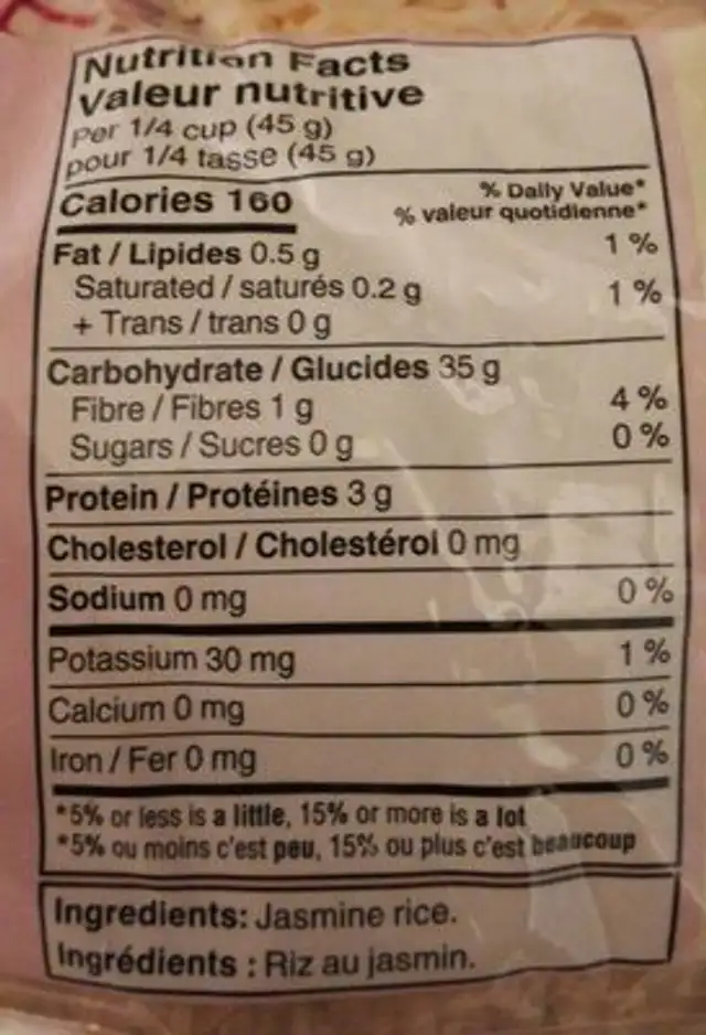 Riz jasmin nutrition facts table