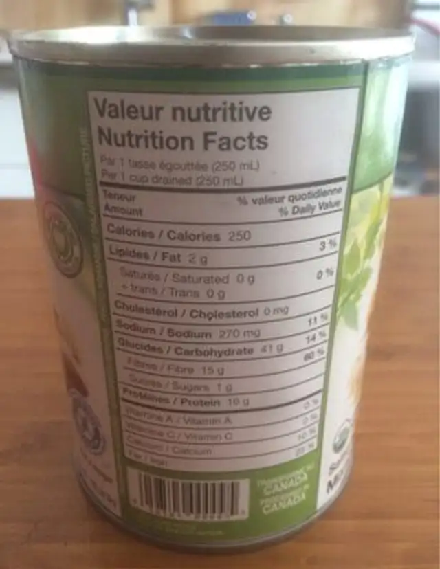 Feves biologiques nutrition facts table