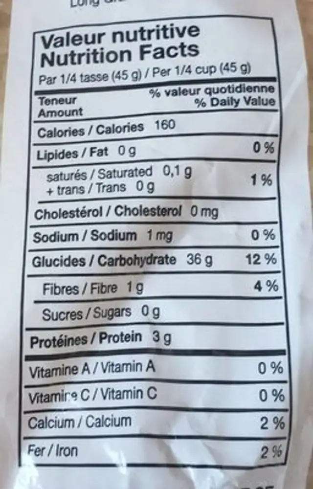 Uncle Bob's Golden nutrition facts table