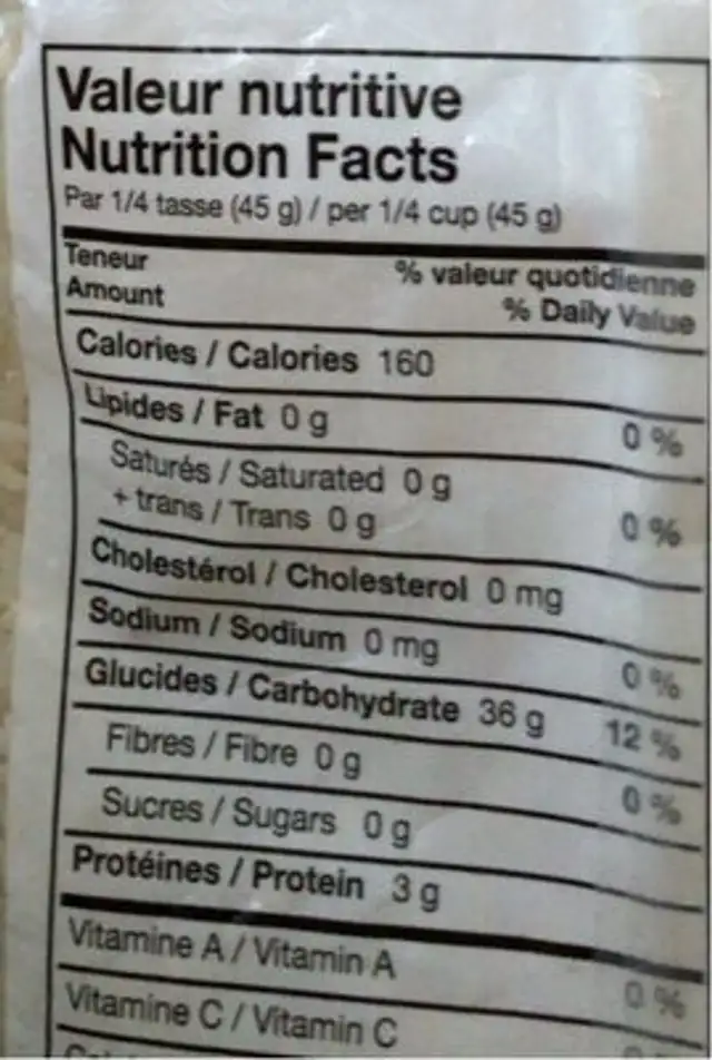 Riz jasmin nutrition facts table