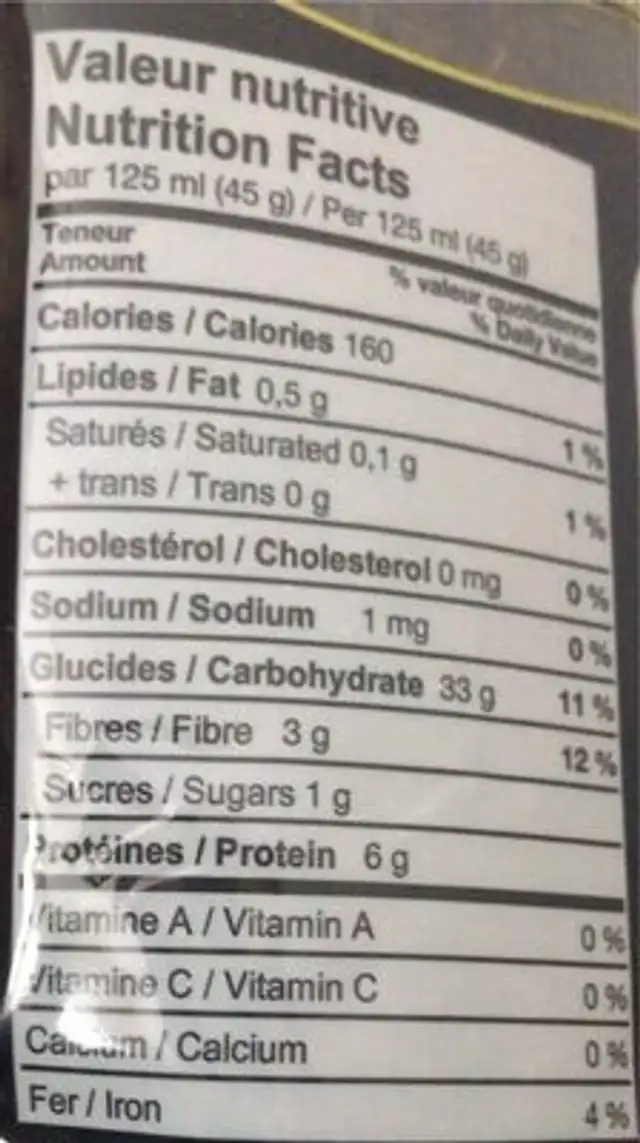 Riz sauvage nutrition facts table