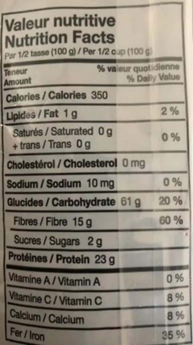 Dark Red Kidney Beans nutrition facts table