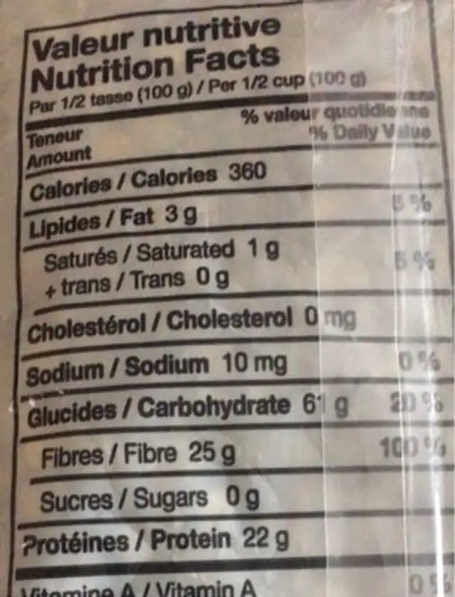 Pois verts fendues nutrition facts table