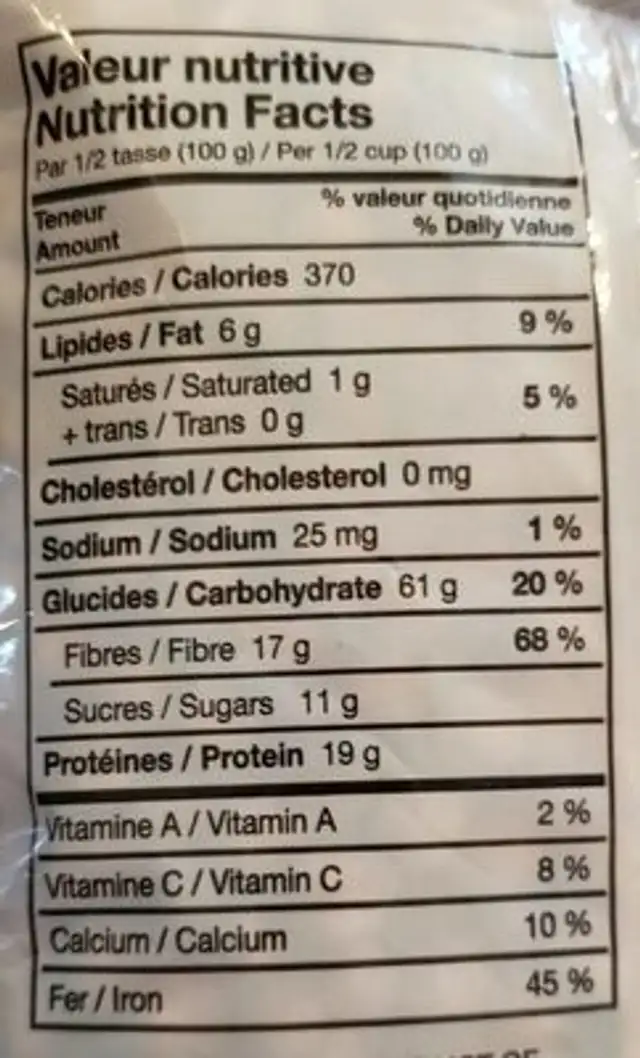 Pois chiches séché nutrition facts table