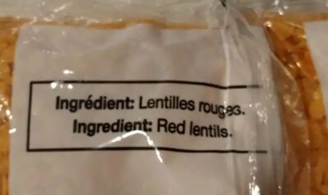 Red lentils ingredients label