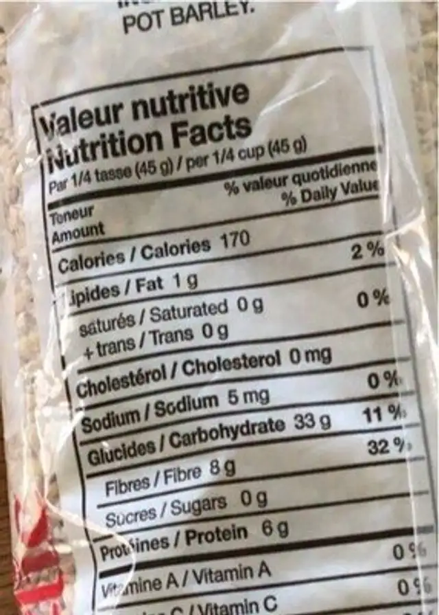 Orge mondé nutrition facts table