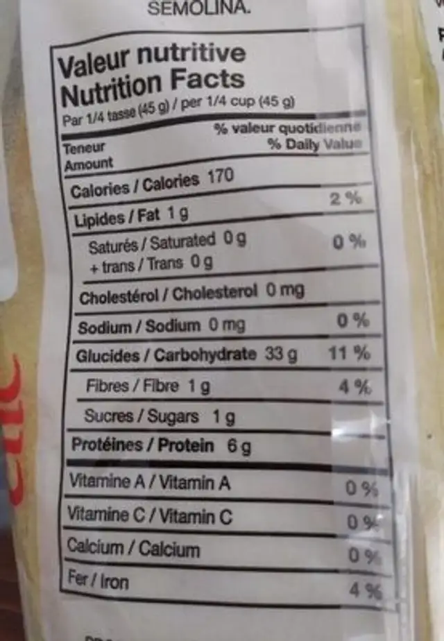 Couscous fin nutrition facts table