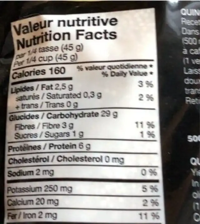Quinoa grains nutrition facts table