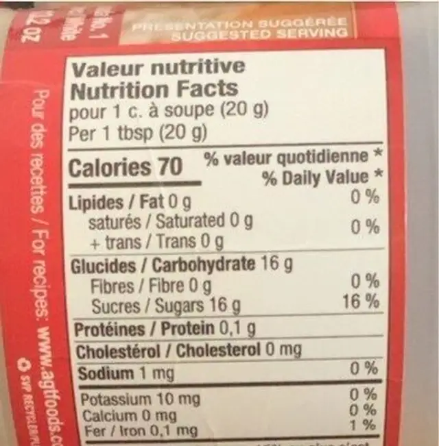 Clic, Miel Naturel, 375 g nutrition facts table