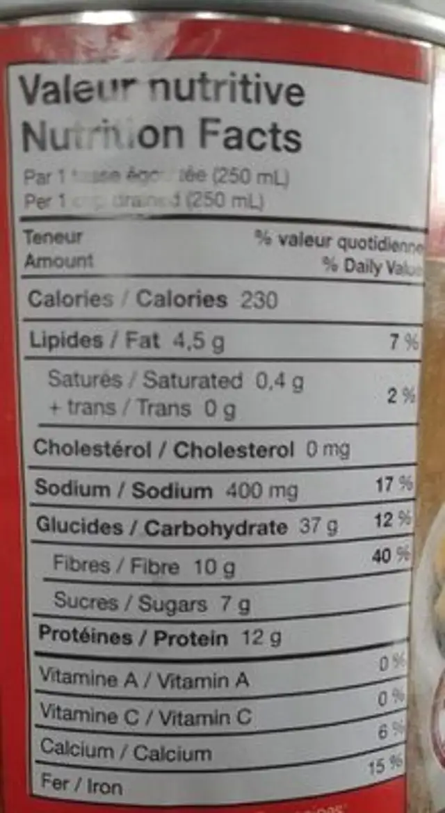 Pois chiches nutrition facts table