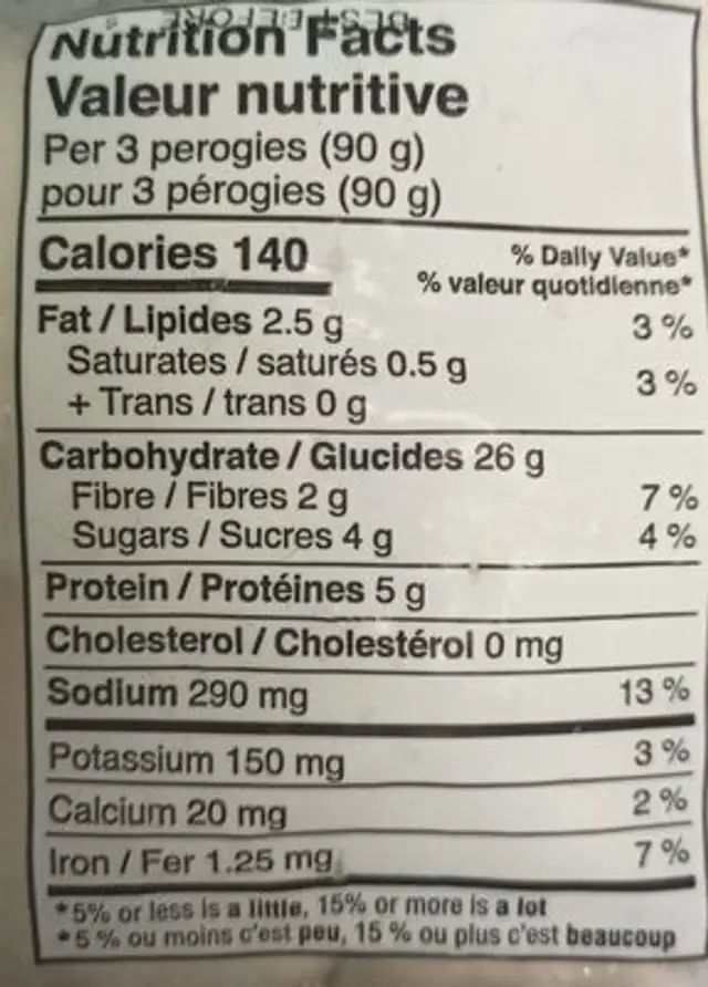 Helen's Original Recipe White Cheddar Perogies nutrition facts table