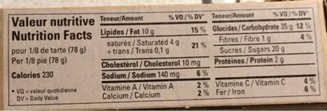 Apple pie nutrition facts table