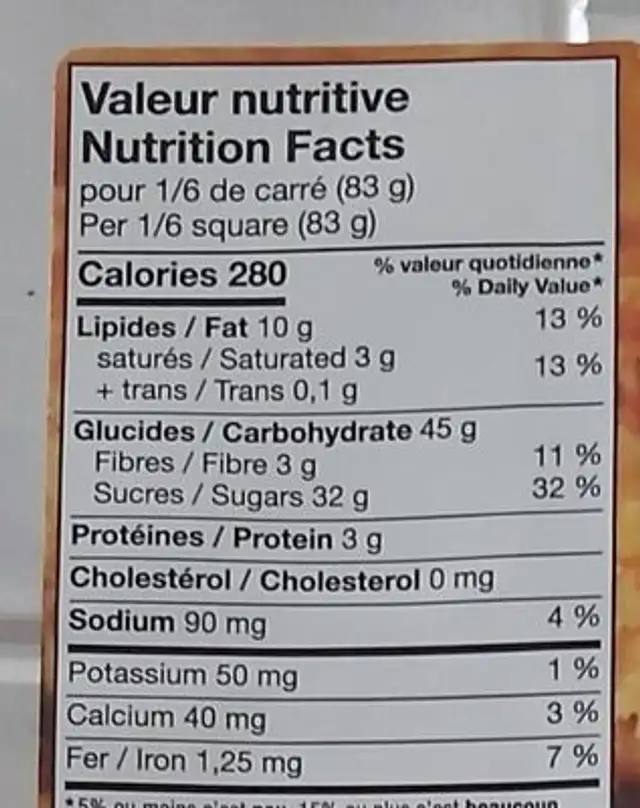 Carré aux dattes nutrition facts table