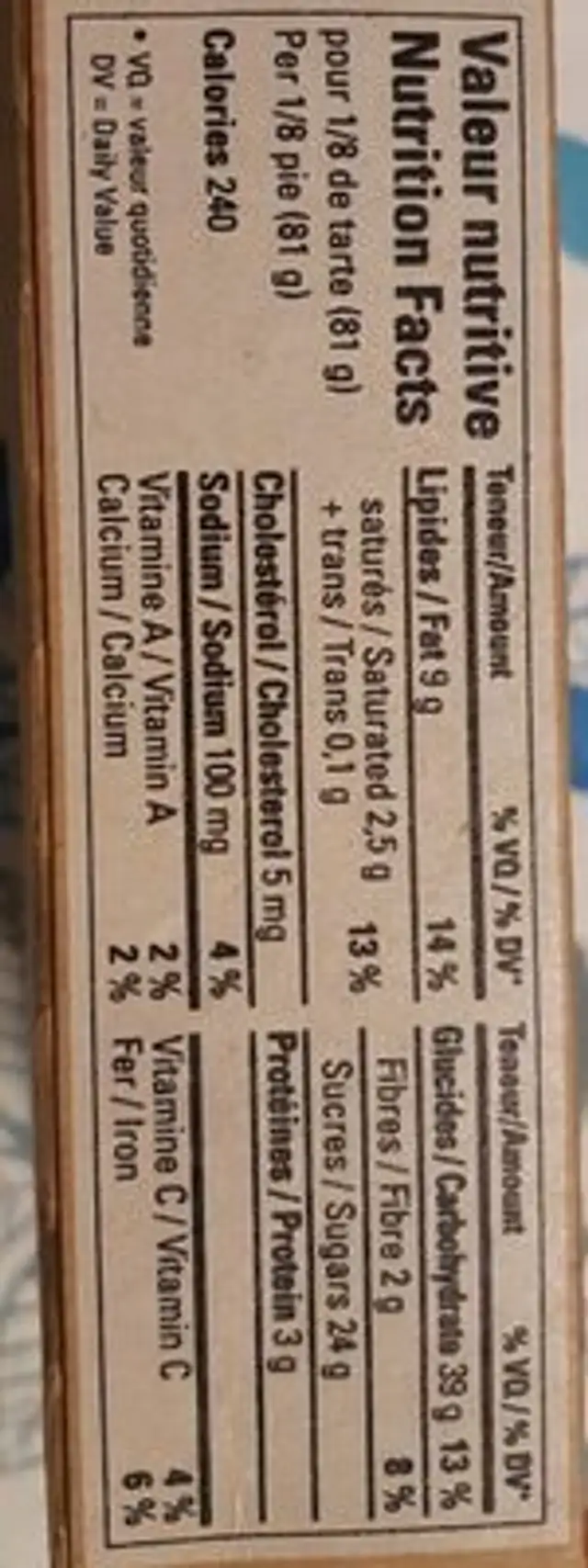 Apple crumble pie nutrition facts table