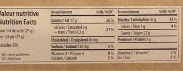 Tarte au pecan nutrition facts table