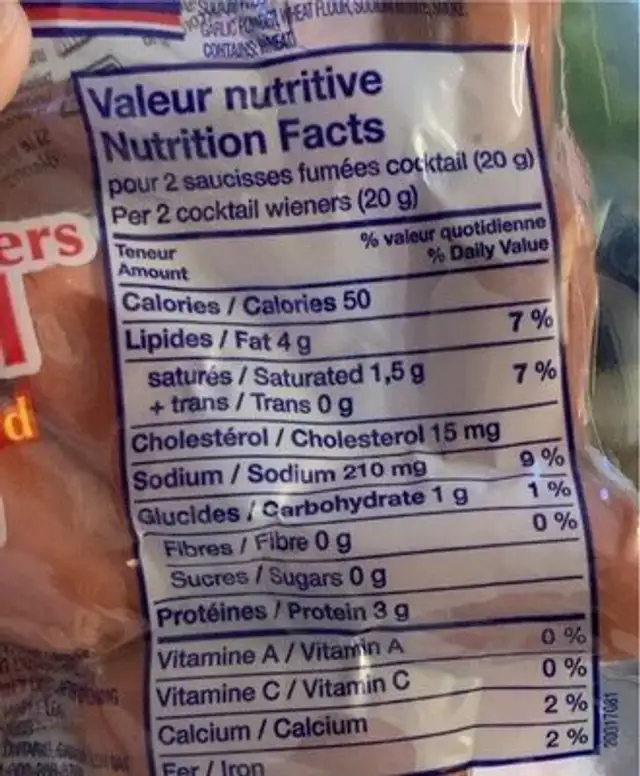 Saucisses cocktail nutrition facts table