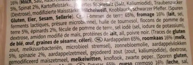Bouchées de pommes de terre farcies ingredients label