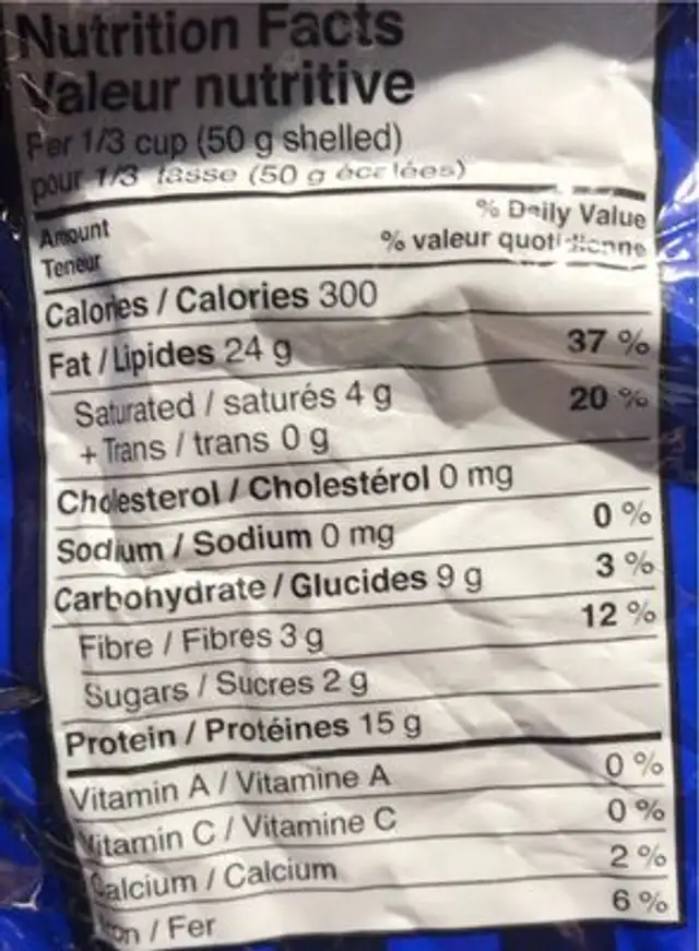 Arachides en écales grillees non salees nutrition facts table