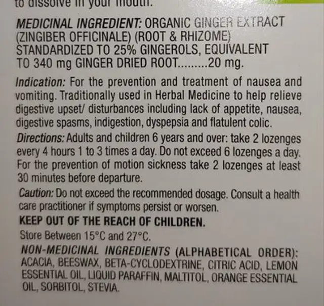 Gravol Ginger Chewable soft lozenges ingredients label