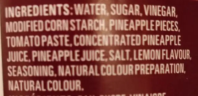 Marinade ananas ingredients label