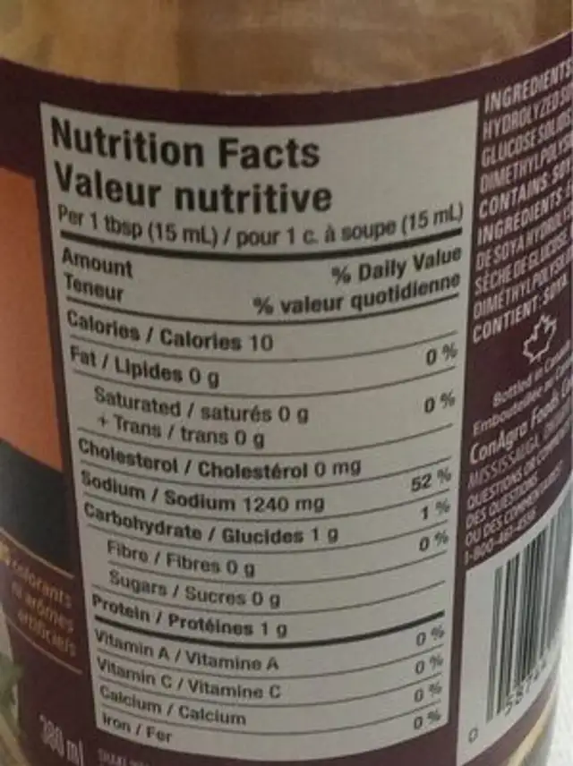 Sauce soya nutrition facts table