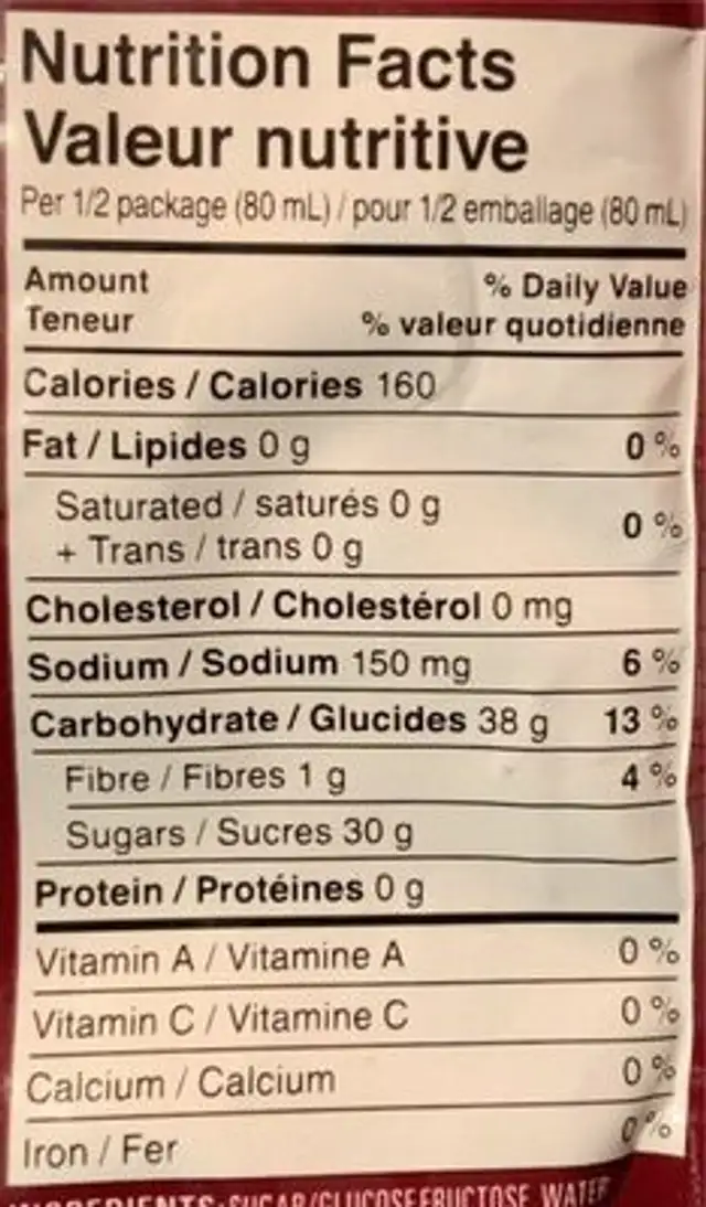 Sauce pour sauté Aigre-Douce nutrition facts table