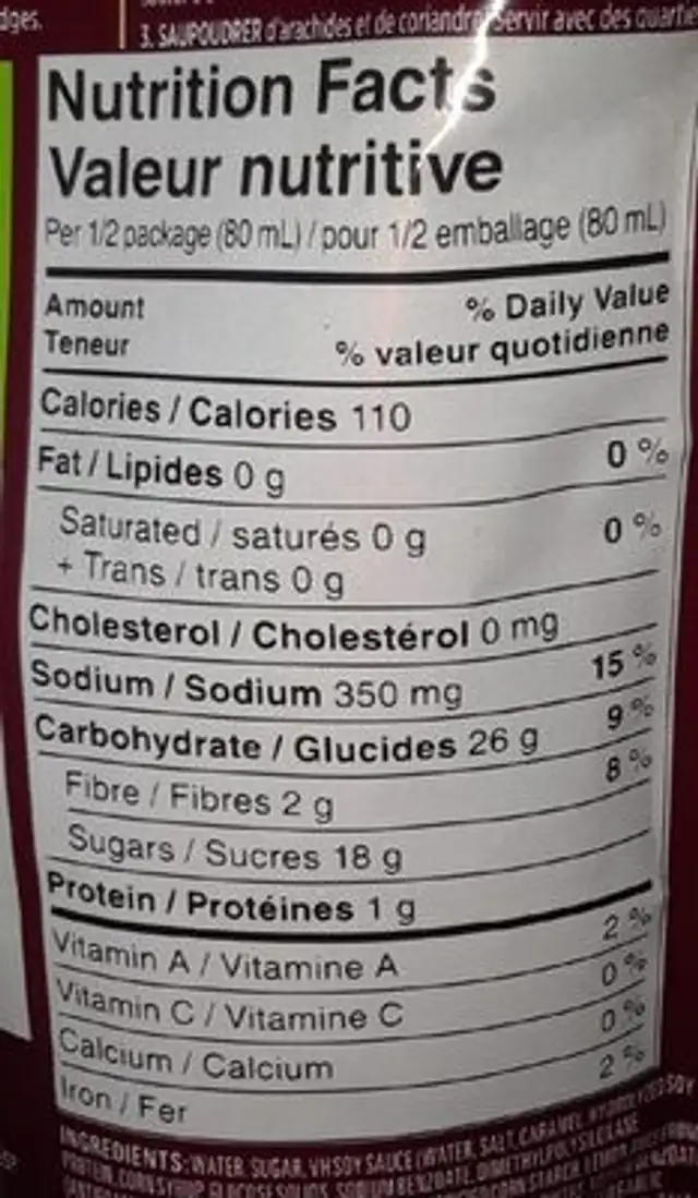 sauce pas thai nutrition facts table