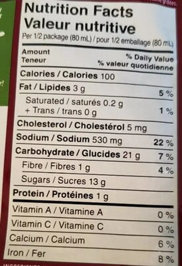 Sauce Général Tao pour sauté nutrition facts table