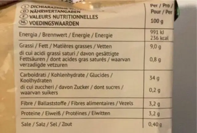 Patatine microonde nutrition facts table