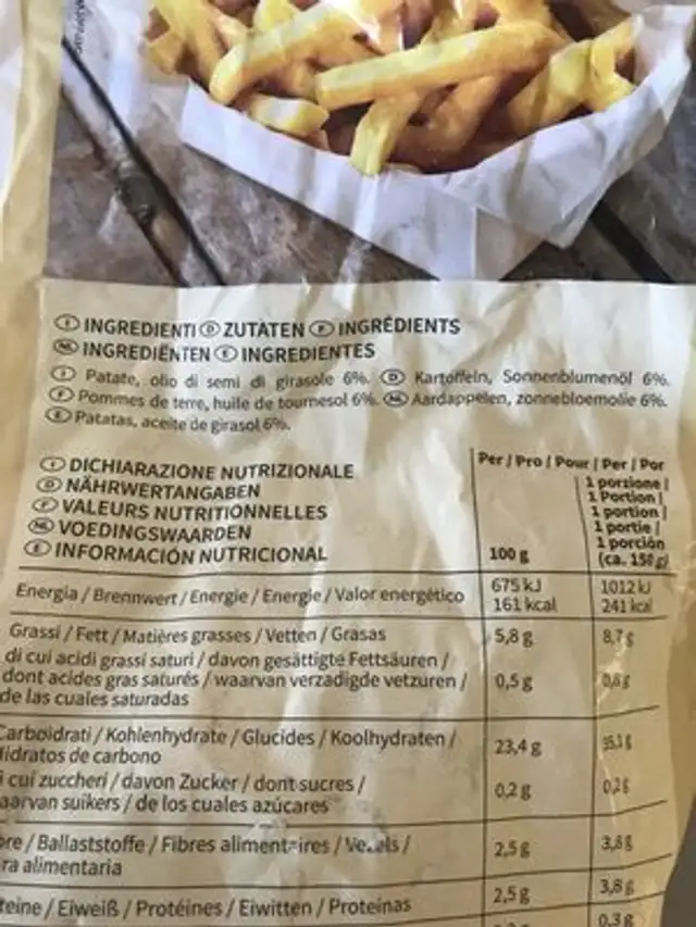 Patate a bastoncino extra da forno ingredients label