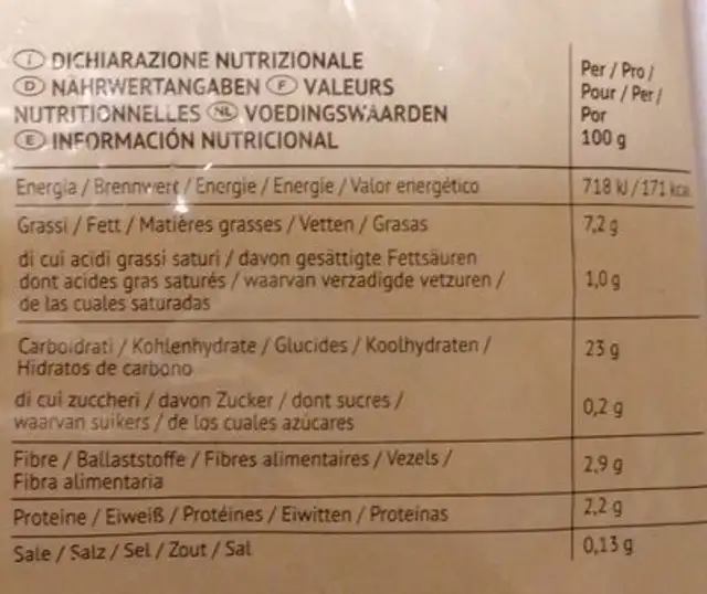 Patate Ziggy nutrition facts table
