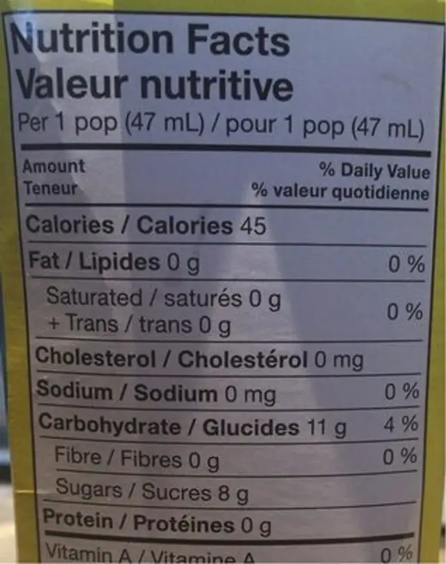 Popsicle nutrition facts table