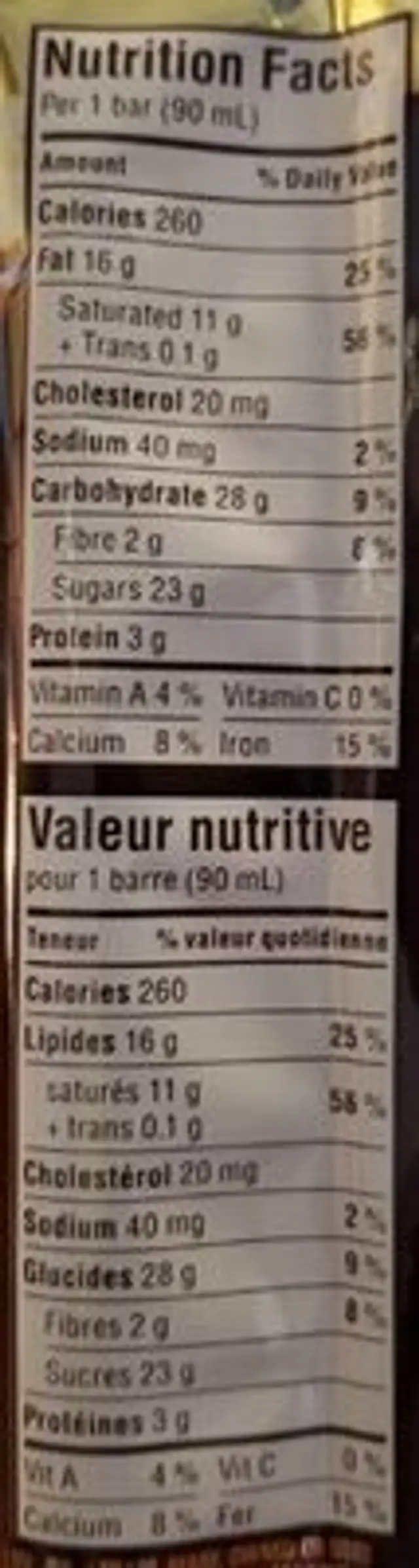 Magnum double chocolat vanille nutrition facts table