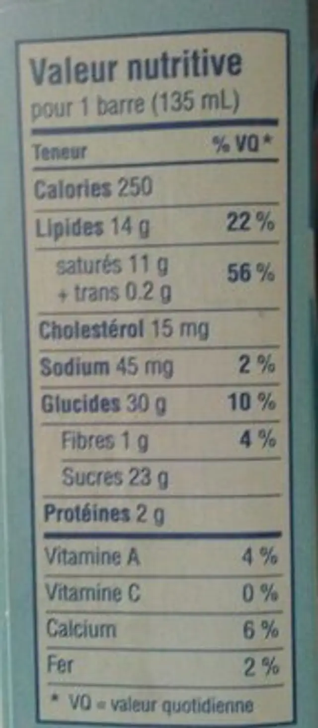 Barre de creme glacée nutrition facts table