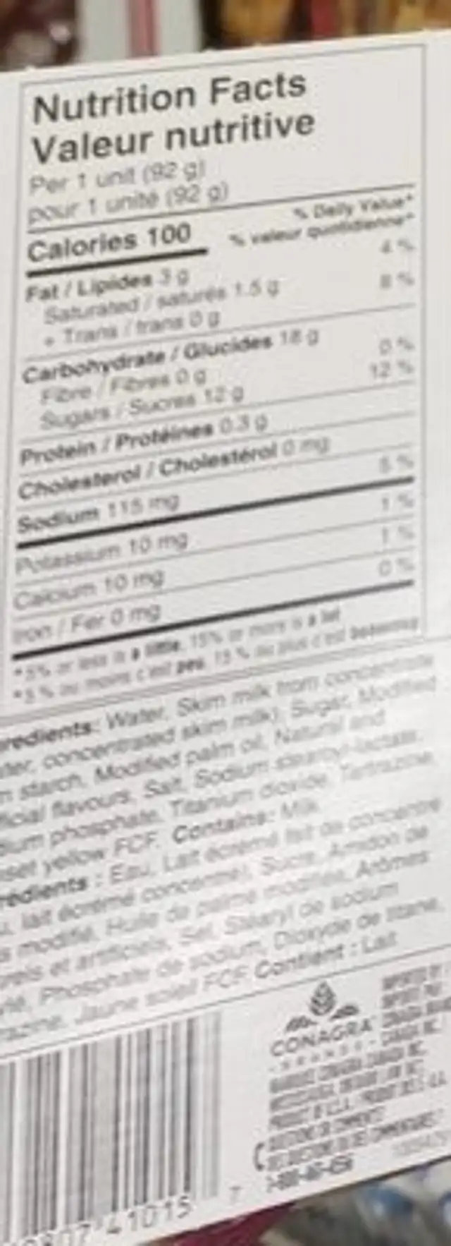 pudding nutrition facts table