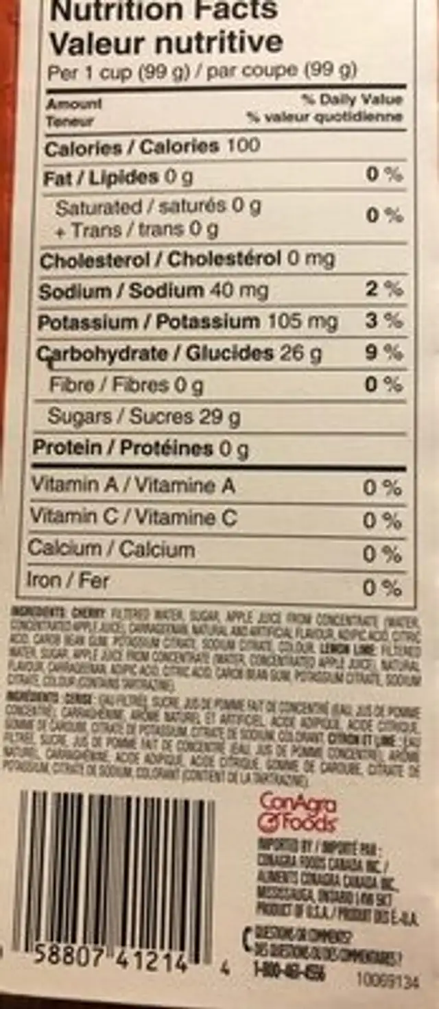 Juicy gels nutrition facts table