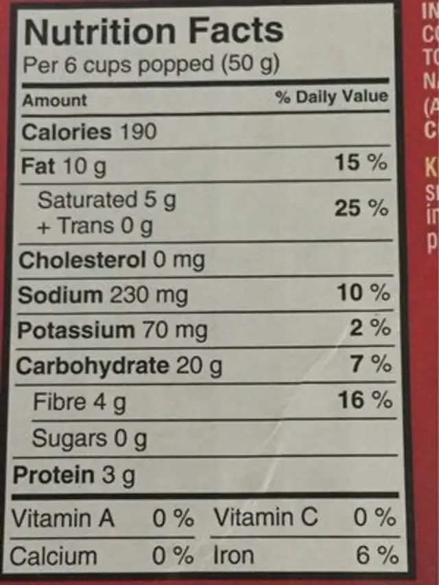 Popcorn nutrition facts table