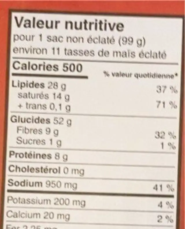 Pop corn extra beurre nutrition facts table