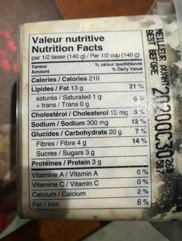 Salade de pommes de terre nutrition facts table