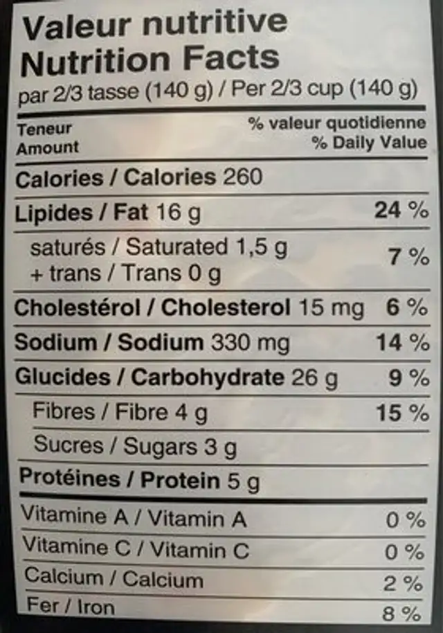 Salade de macaronis nutrition facts table