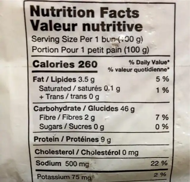Ciabatta Buns nutrition facts table