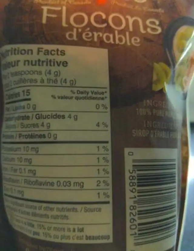 Maple flakes nutrition facts table