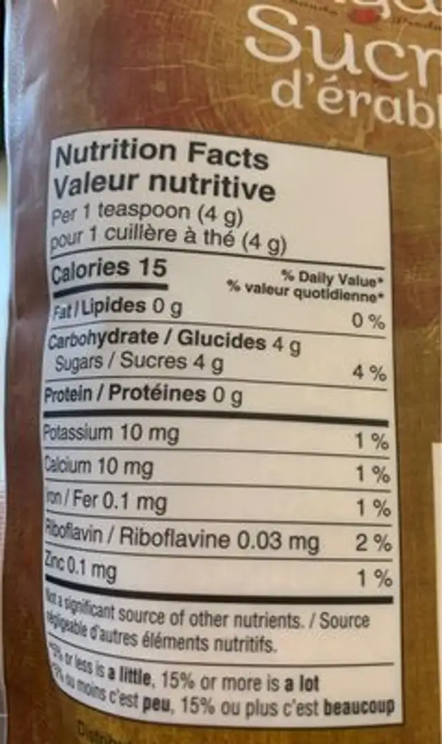 Sucre d'erable nutrition facts table