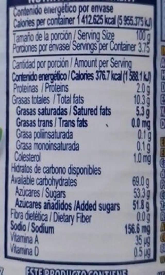 Condensed filled milk nutrition facts table