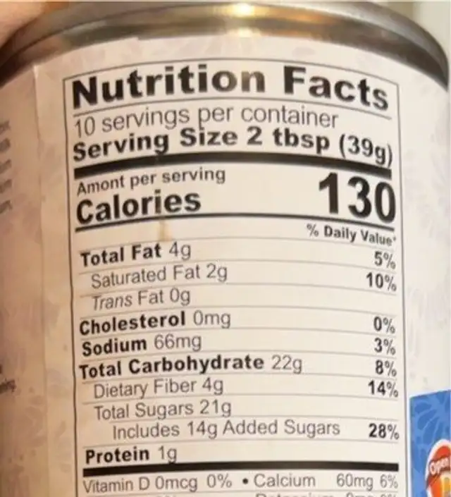 Condensada nutrition facts table