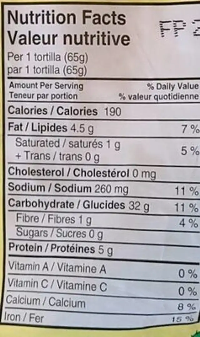tortilla nutrition facts table
