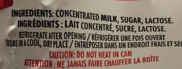 Lait condensé sucré ingredients label