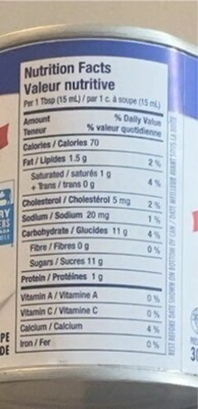 Lait condensé sucré nutrition facts table