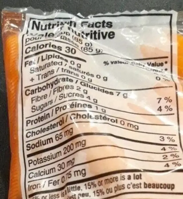 Baby Carrots nutrition facts table