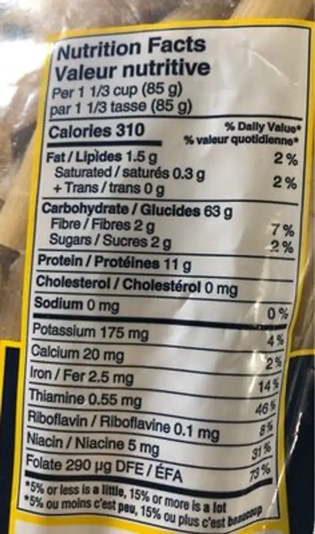 Rigatoni nutrition facts table